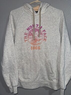 The North Face Heather Gray Hoodie with Pink-Orange Logo